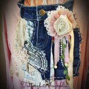 New Vintage Lace & Denim Jabot Pink Victorian Art To Wear Upcycled OOAK